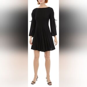 Women's Long Flare Sleeve Boat Neck Solid Fit and Flare Dress